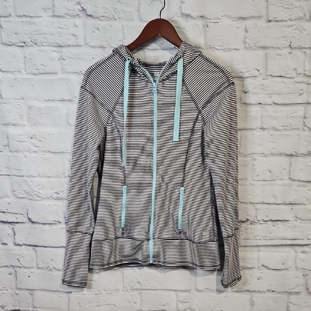90 Degree By Reflex Gray and White Striped Hoodie with Blue Details